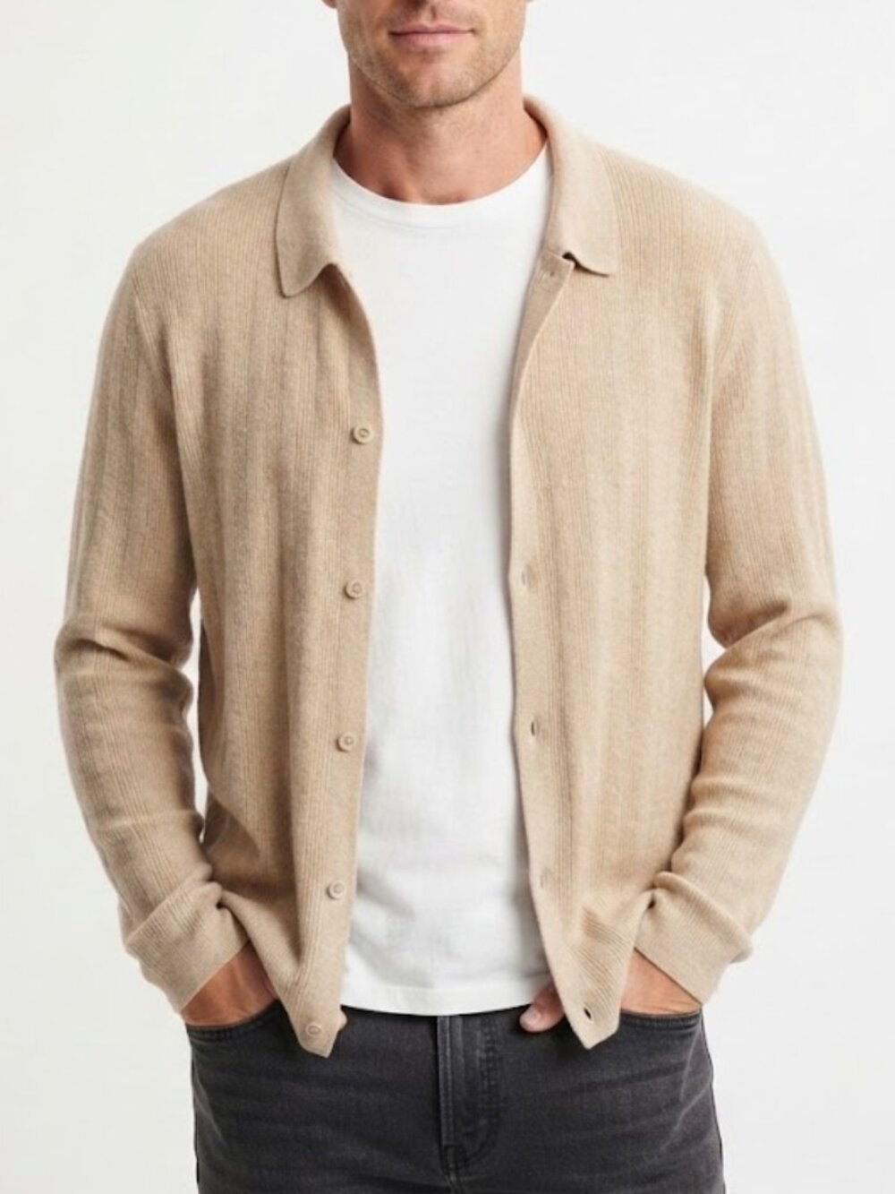 Abercrombie & Fitch Mens Ribbed Knit Button Through Sweater Polo Beige Size M